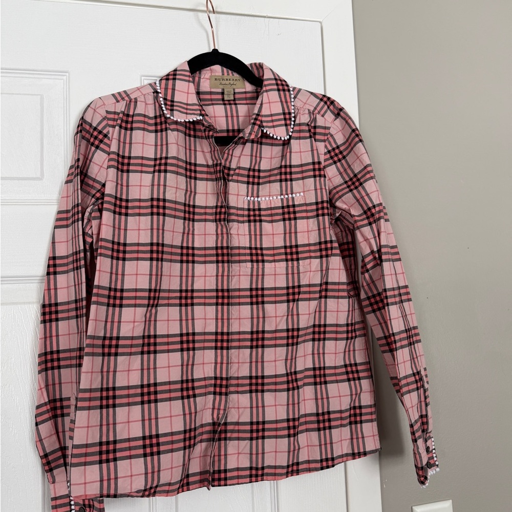 Burberry Pink Plaid Lace Trim Button Down Shirt Business Office - Picture 7 of 11
